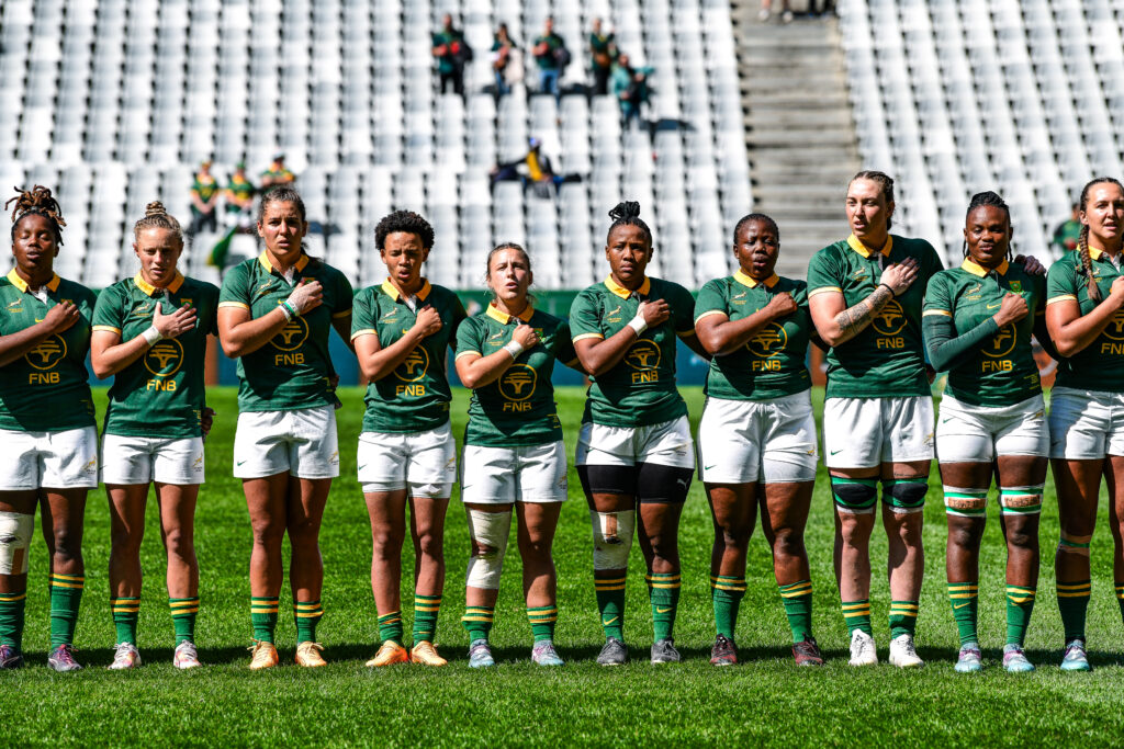 Springbok Women sing the national anthem before their clash against the Barbarians at DHL Stadium in September 2024