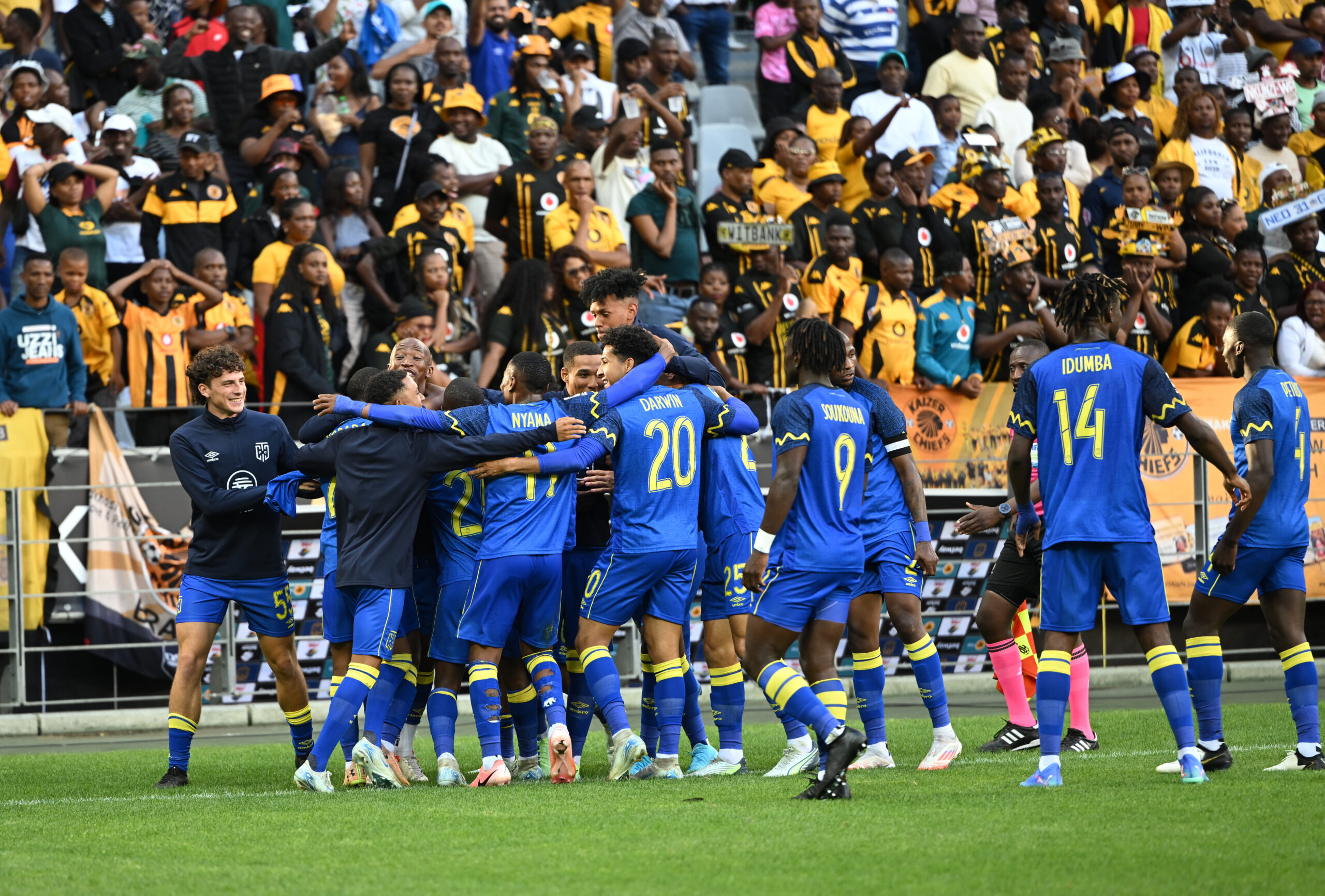 Cape Town City FC players celebrate a goal against Kaizer Chiefs