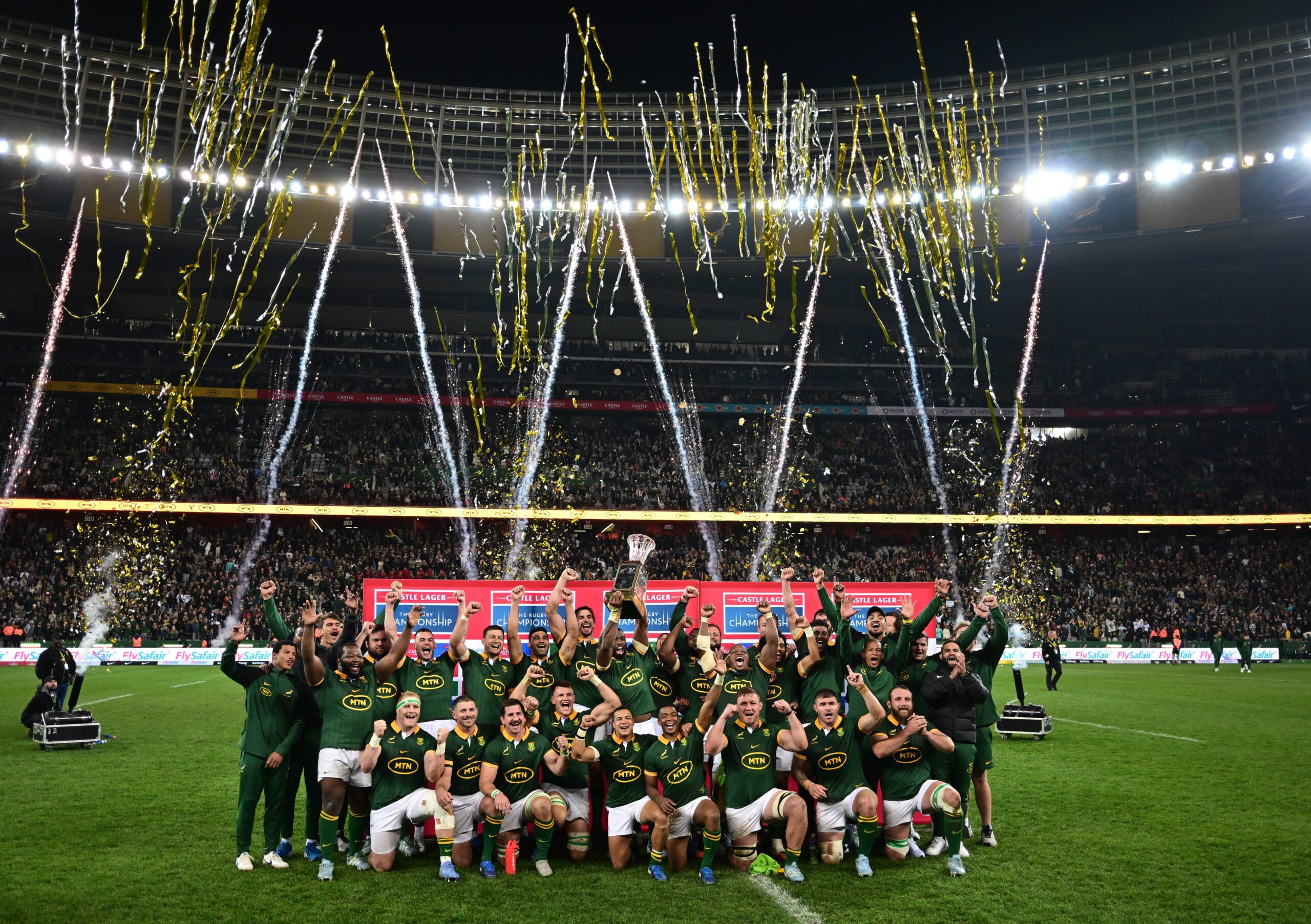 Springbok players lift the Freedom Cup in Cape Town after a win against New Zealand at DHL Stadium in 2024
