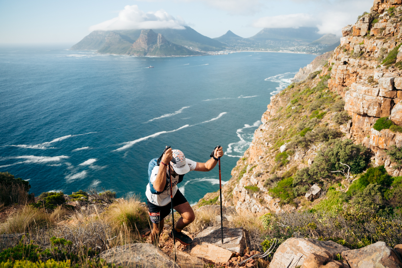 RMB Ultra Trail Cape Town trail runner and view of Cape Peninsula