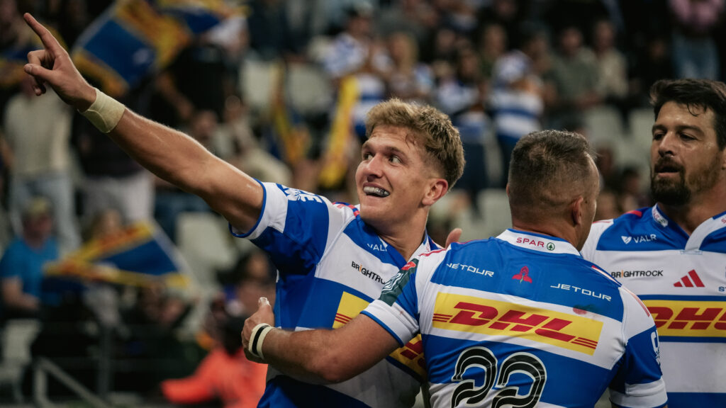 DHL Stormers fly-half Jurie Matthee celebrates scoring a try during a URC match