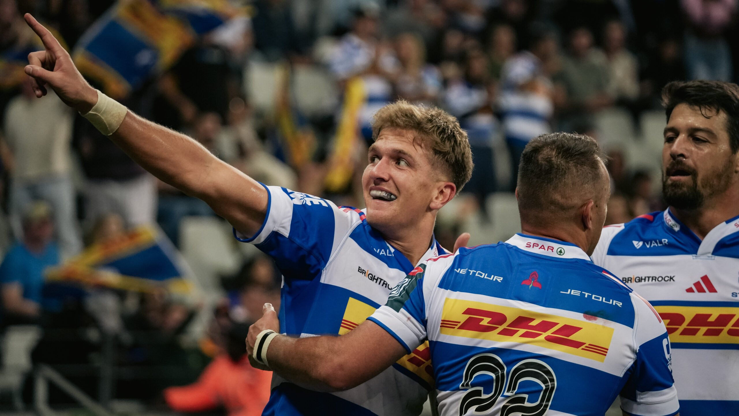 DHL Stormers fly-half Jurie Matthee celebrates scoring a try during a URC match