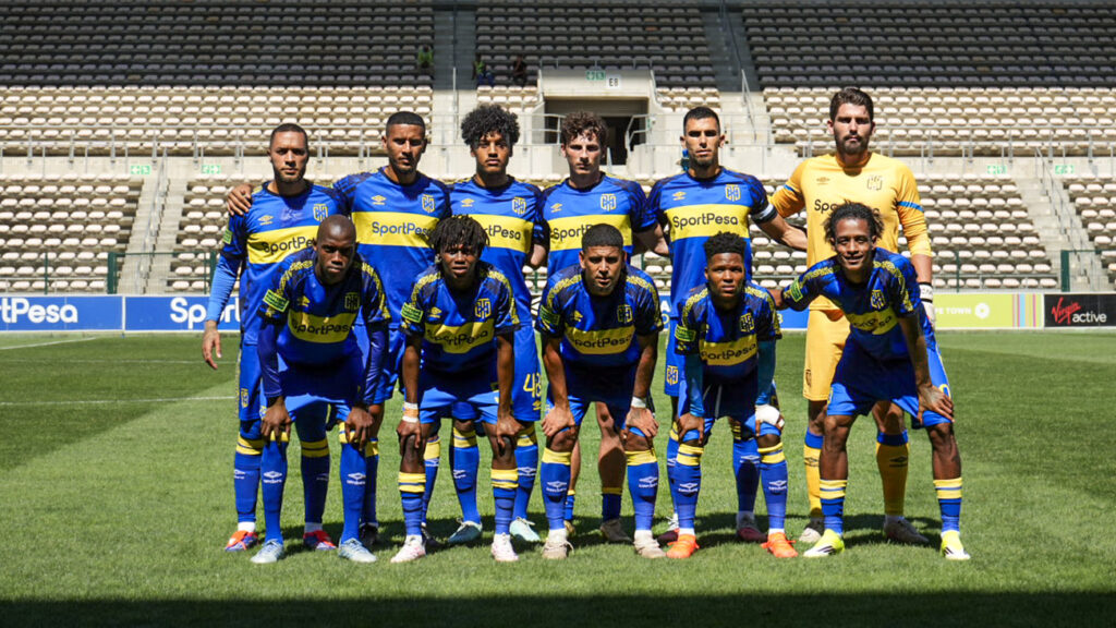 Cape Town City FC players pose for a photo pre-game at Athlone Stadium