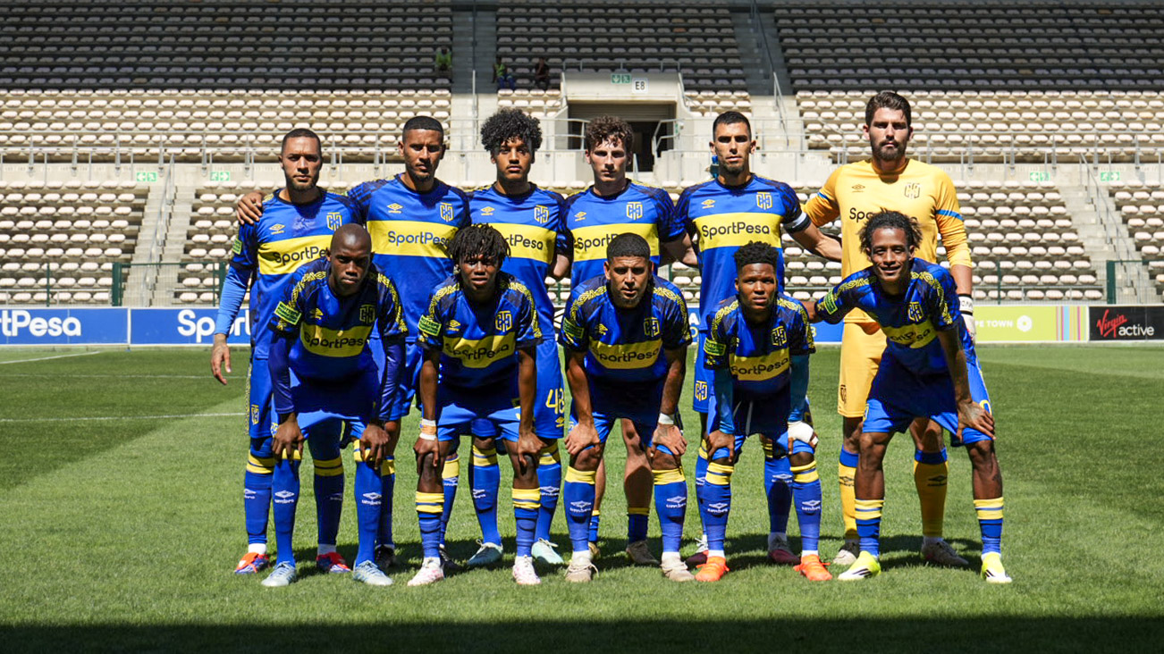 Cape Town City FC players pose for a photo pre-game at Athlone Stadium