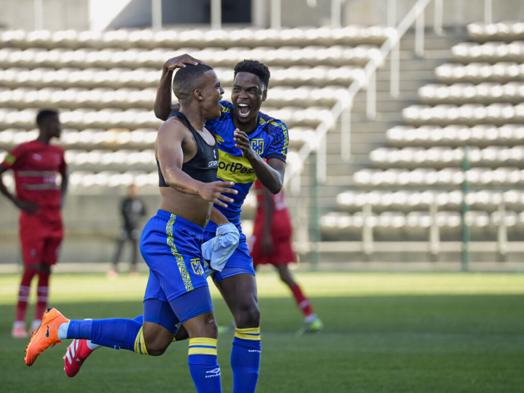 Cape Town City players celebrate a goal at Athlone Stadium