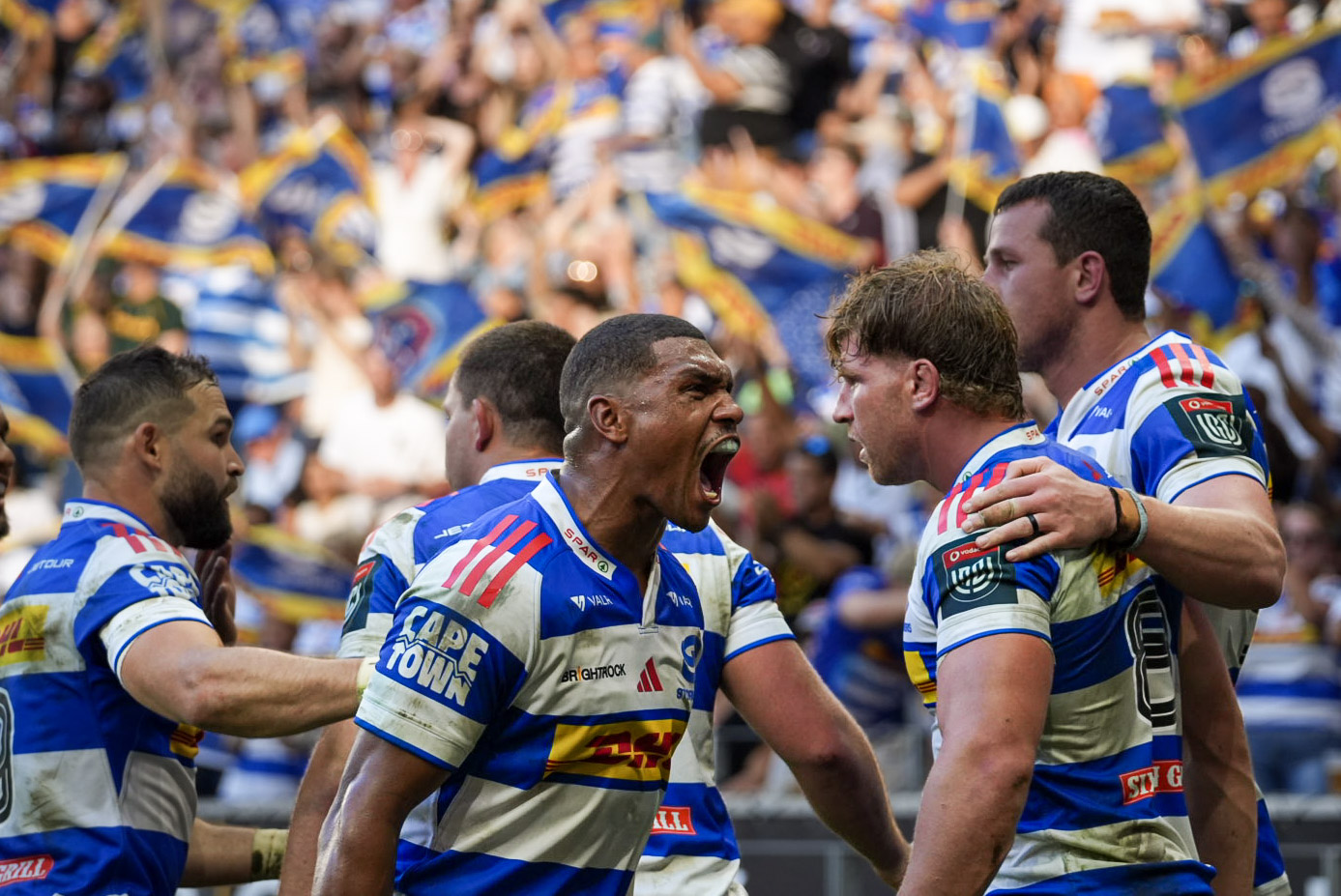DHL Stormers players celebrate after a try against the Bulls in Jan 2026