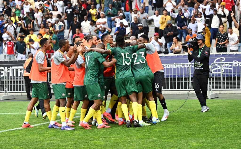 Bafana Bafana at DHL Stadium in a huddle on the pitch