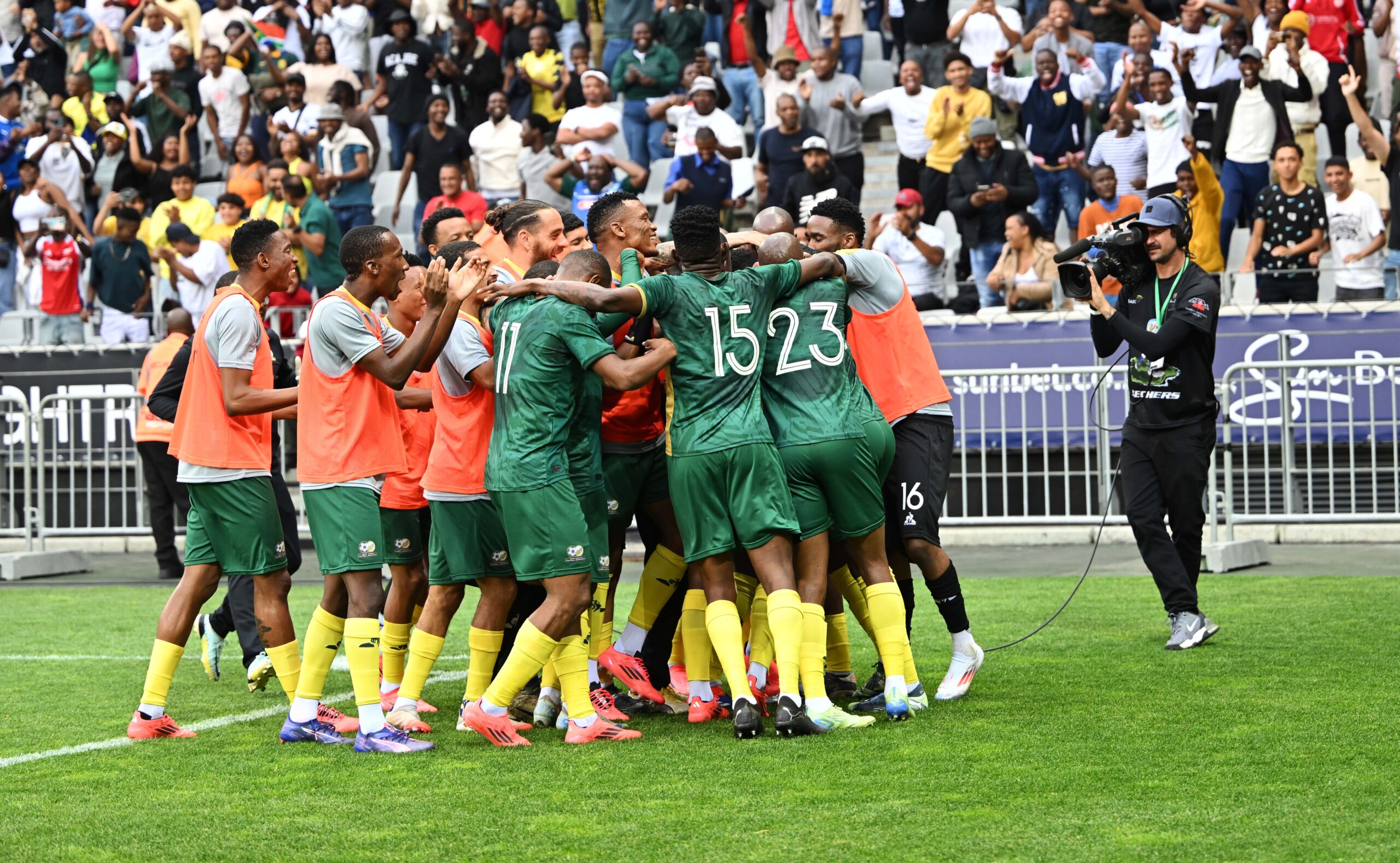 Bafana Bafana at DHL Stadium in a huddle on the pitch