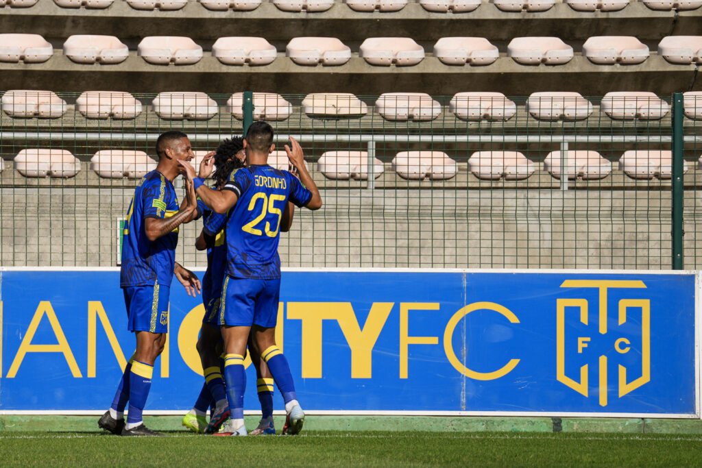 Cape Town City FC players celebrate a goal at Athlone Stadium