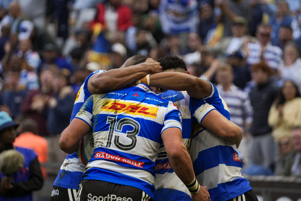 DHL Stormers players celebrate a try during a game at DHL Stadium