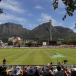 The Proteas Men in action at Newlands Cricket ground with Table Mountain as a backdrop
