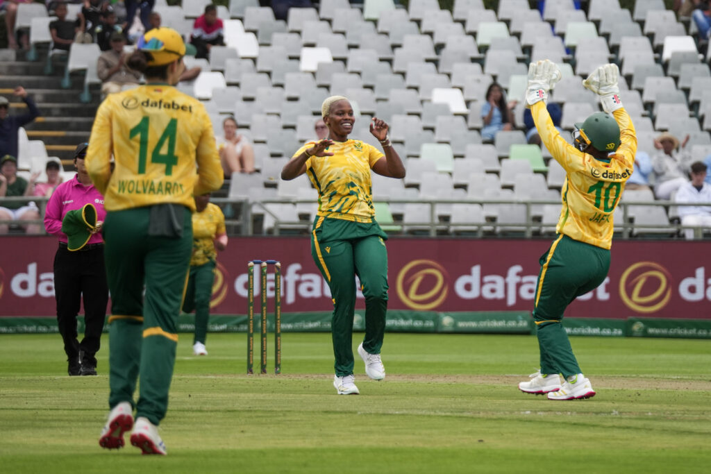 Proteas Women players celebrate taking a wicket at Newlands Cricket Ground